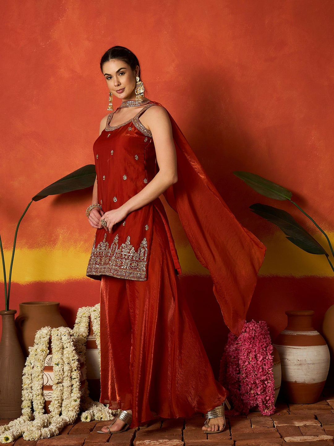 Rust Solid & Embroidered Silk Blend Straight Kurti Palazzo Dupatta Set