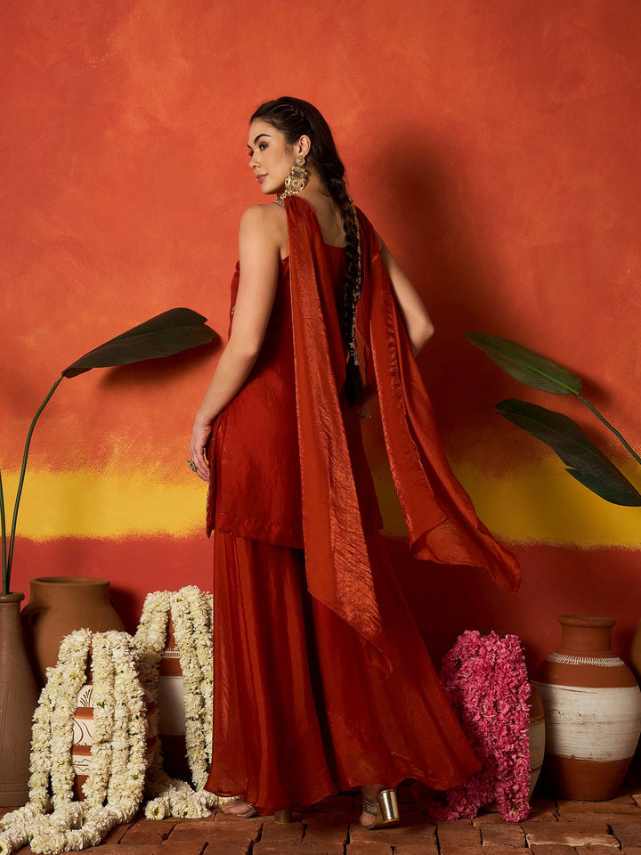 Rust Solid & Embroidered Silk Blend Straight Kurti Palazzo Dupatta Set