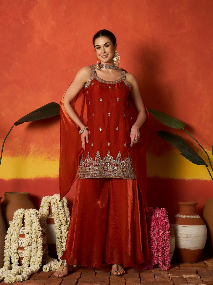 Rust Solid & Embroidered Silk Blend Straight Kurti Palazzo Dupatta Set
