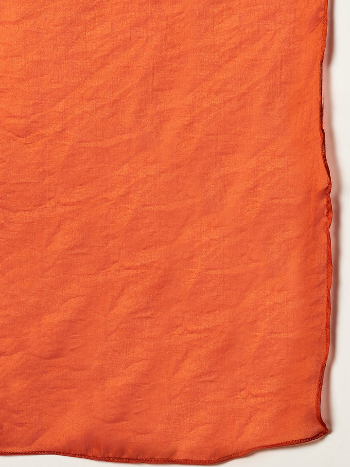 Rust Solid & Embroidered Silk Blend Straight Kurti Palazzo Dupatta Set