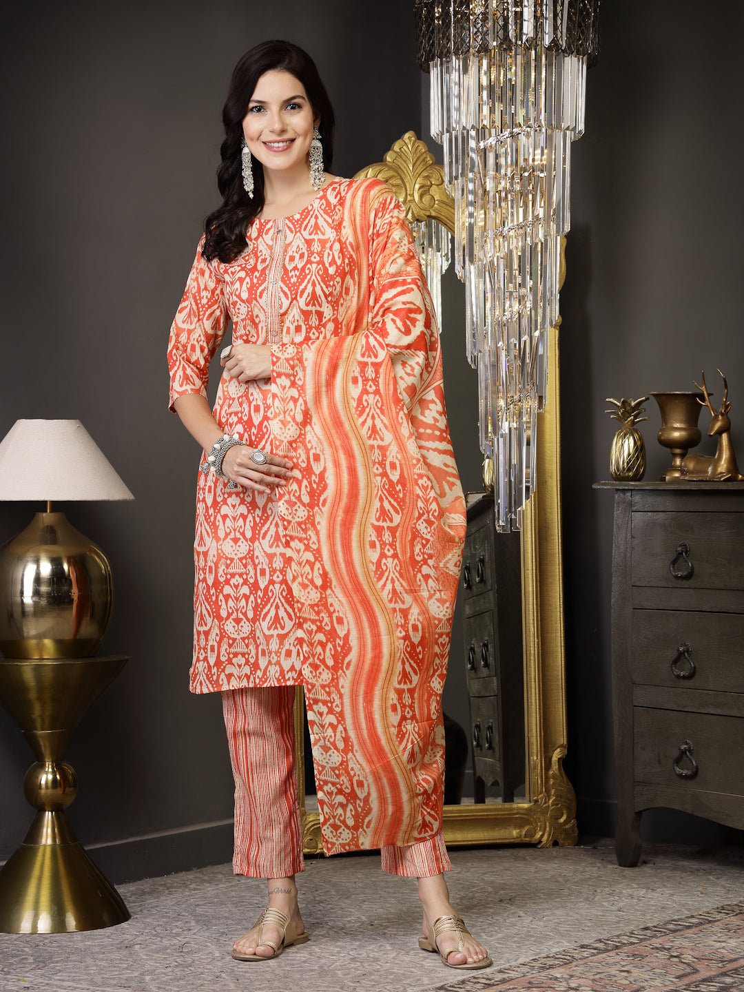Orange-Cotton-Straight-Striped-3-Piece-Kurta-Set
