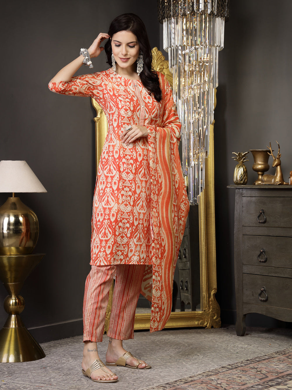 Orange-Cotton-Straight-Striped-3-Piece-Kurta-Set