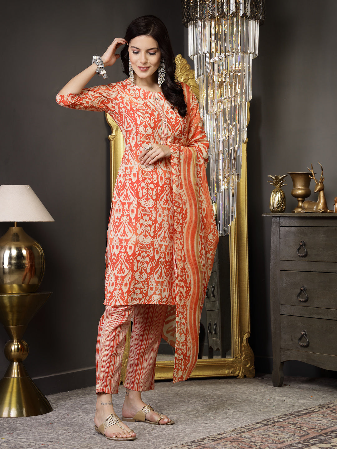Orange-Cotton-Straight-Striped-3-Piece-Kurta-Set