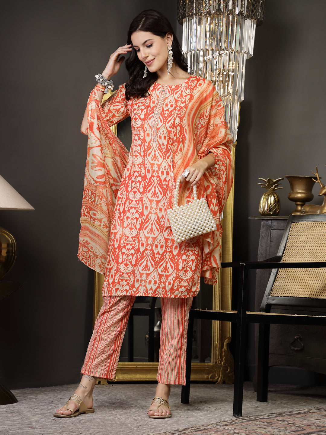 Orange-Cotton-Straight-Striped-3-Piece-Kurta-Set