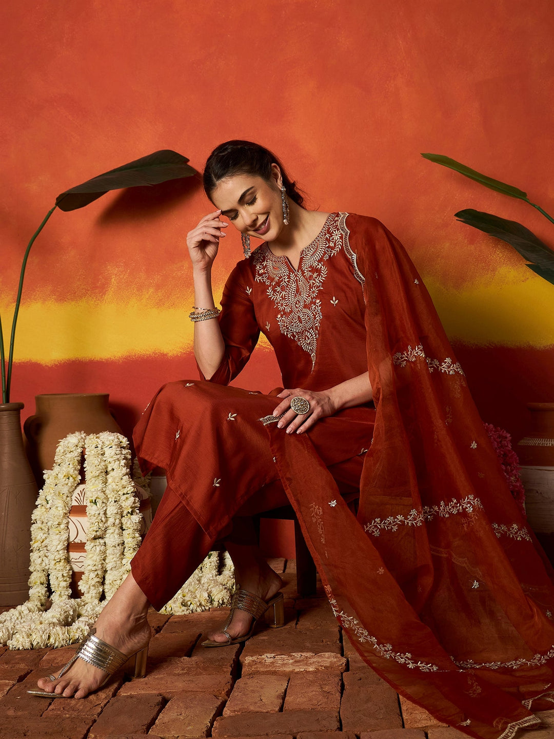 Rust Solid & Embroidered Chinon Straight Kurta Pant With Dupatta