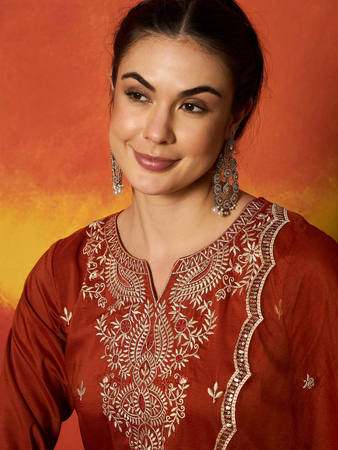 Rust Solid & Embroidered Chinon Straight Kurta Pant With Dupatta