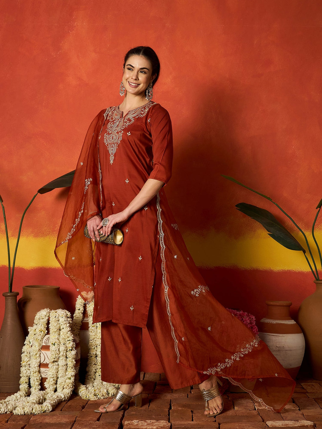 Rust Solid & Embroidered Chinon Straight Kurta Pant With Dupatta