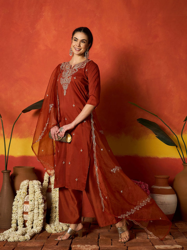 Rust Solid & Embroidered Chinon Straight Kurta Pant With Dupatta