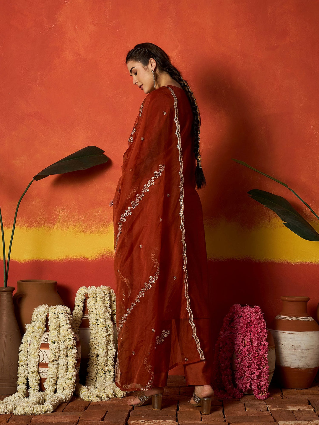 Rust Solid & Embroidered Chinon Straight Kurta Pant With Dupatta