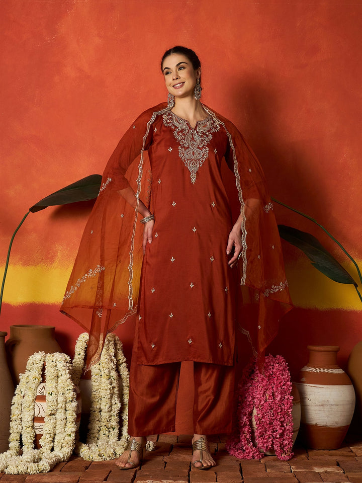 Rust Solid & Embroidered Chinon Straight Kurta Pant With Dupatta