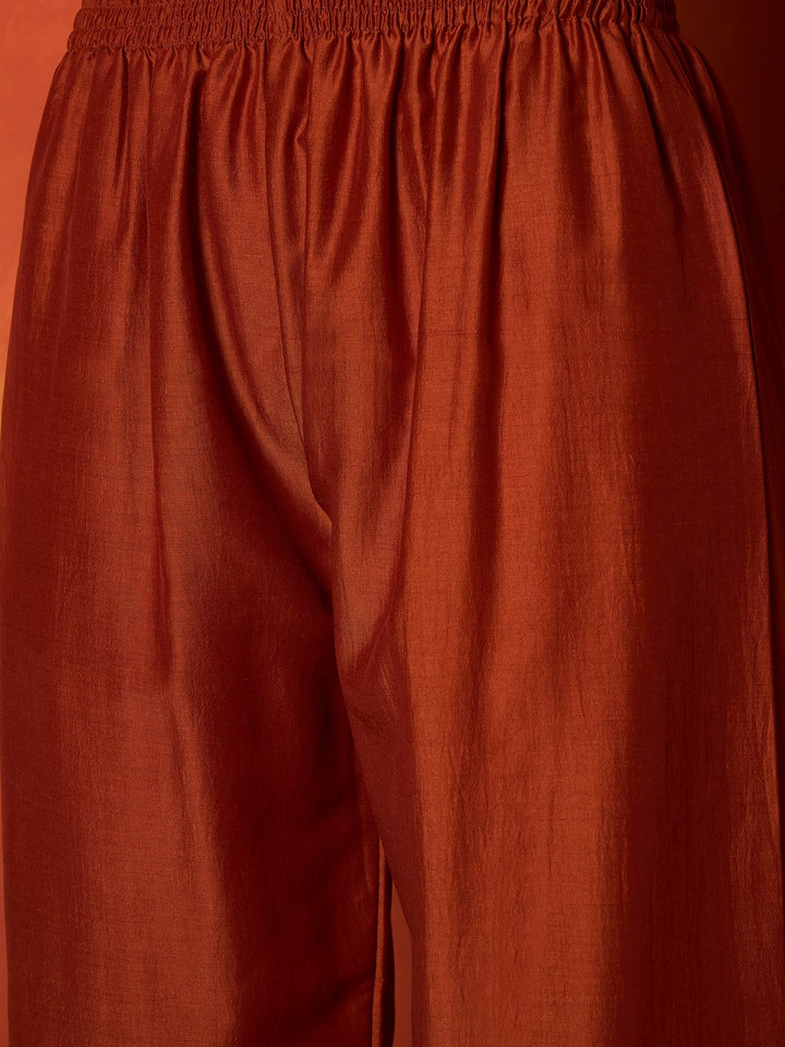 Rust Solid & Embroidered Chinon Straight Kurta Pant With Dupatta