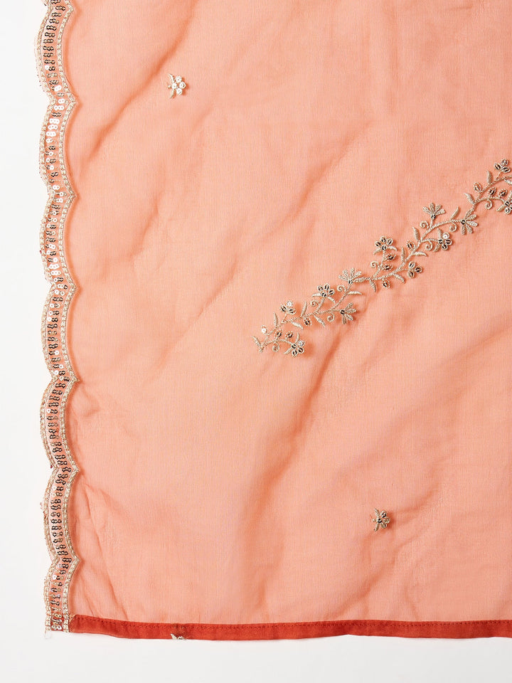 Rust Solid & Embroidered Chinon Straight Kurta Pant With Dupatta