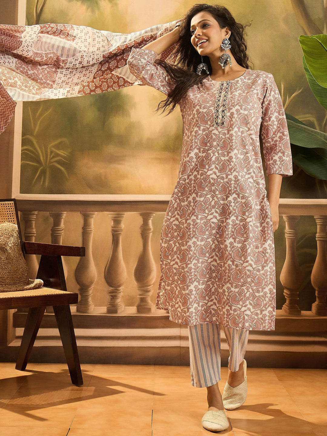 Rust Floral Printed Cotton Straight Kurta Pant Dupatta Set