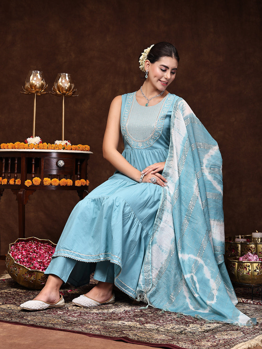 Aqua-Blue-Cotton-Embroidered-Tiered-3-Piece-Kurta-Set