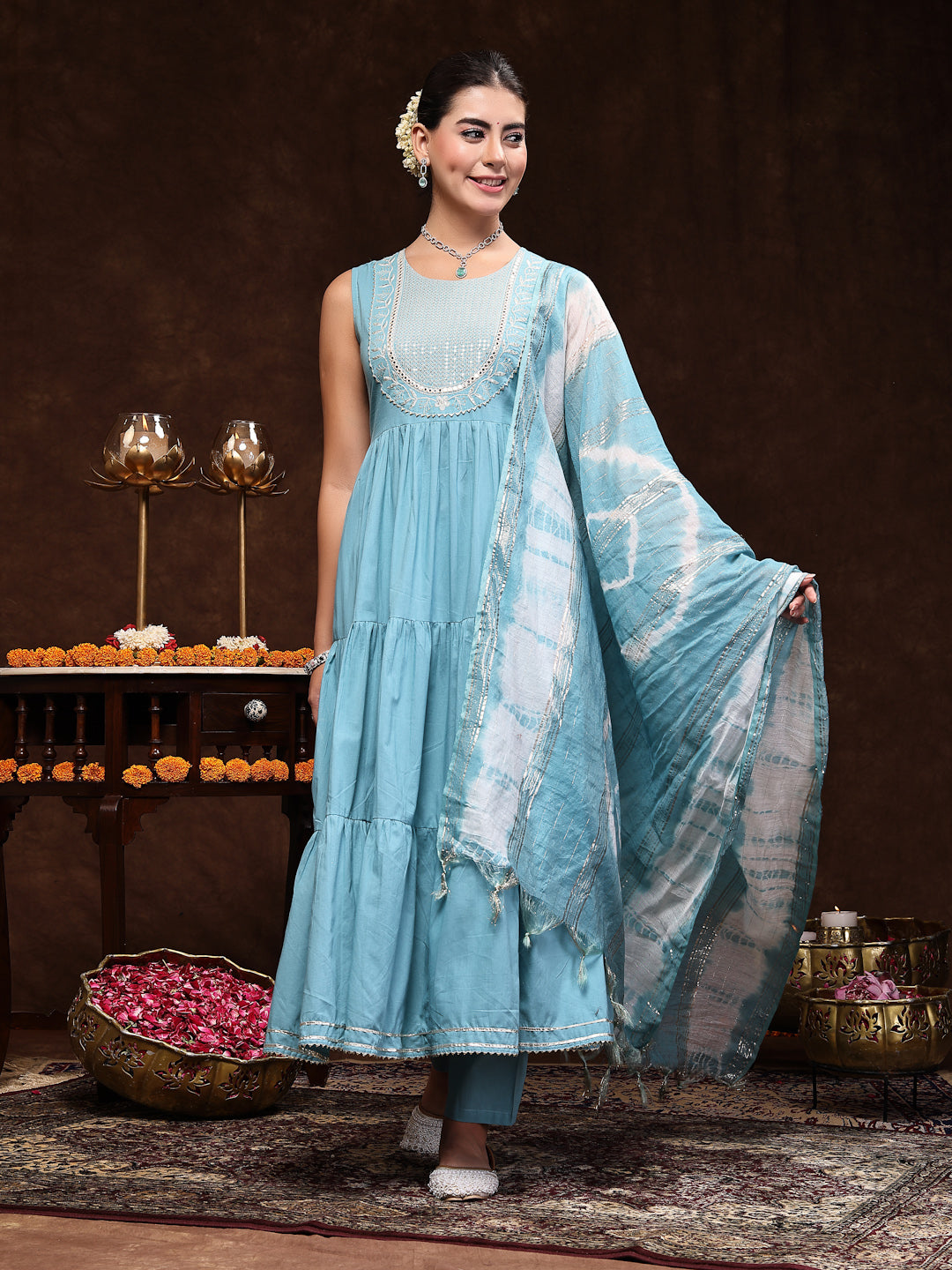 Aqua-Blue-Cotton-Embroidered-Tiered-3-Piece-Kurta-Set