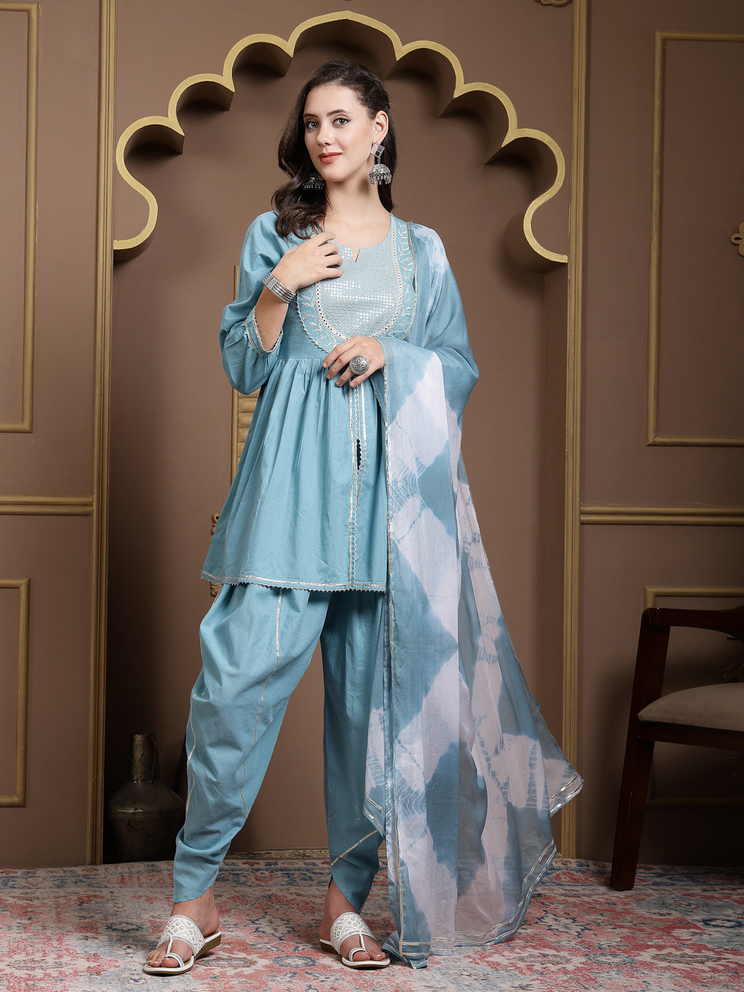 Blue-Cotton-&-Embroidered-Pleated-3-Piece-Kurta-Set