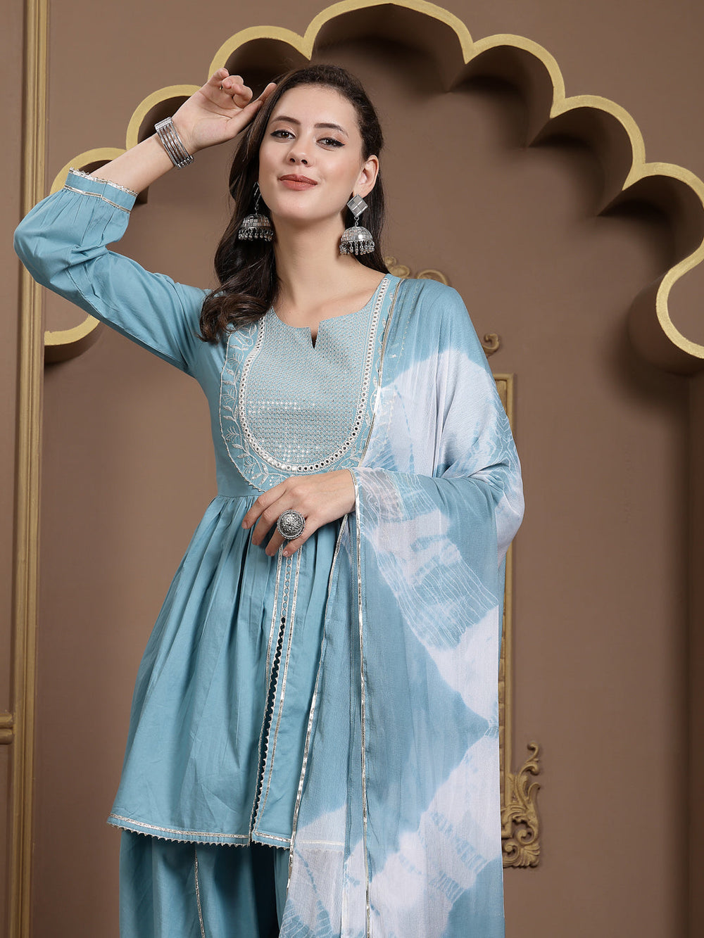 Blue-Cotton-&-Embroidered-Pleated-3-Piece-Kurta-Set