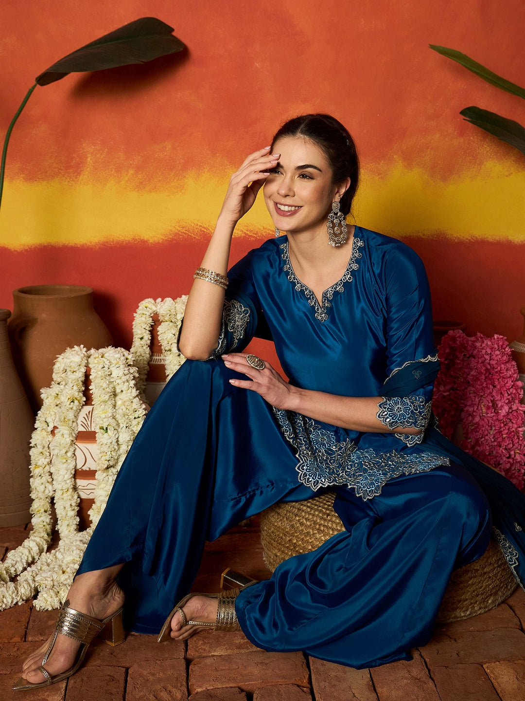Teal Solid & Embroidered Silk Blend Straight Kurti Palazzo Dupatta Set