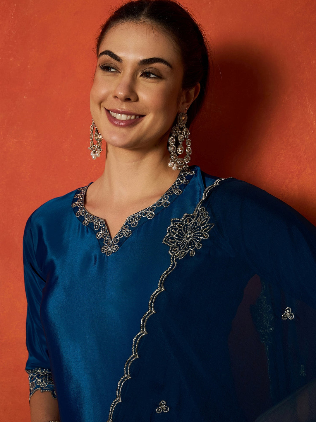 Teal Solid & Embroidered Silk Blend Straight Kurti Palazzo Dupatta Set