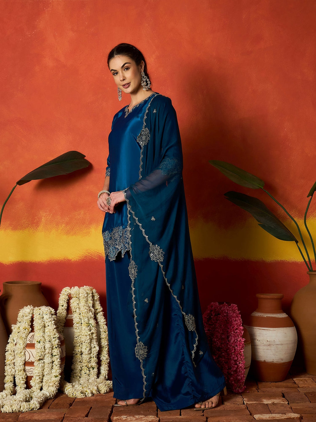 Teal Solid & Embroidered Silk Blend Straight Kurti Palazzo Dupatta Set