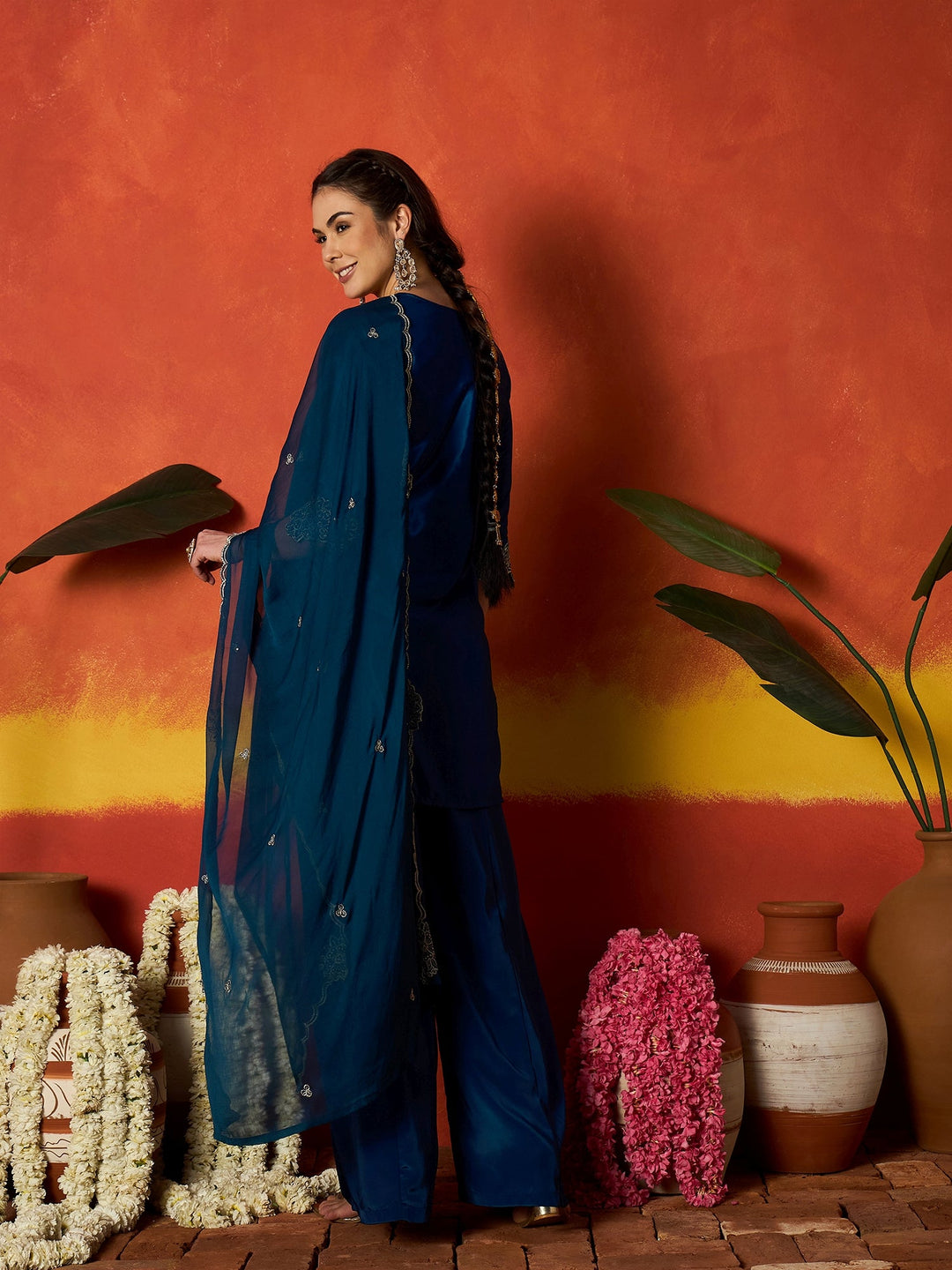 Teal Solid & Embroidered Silk Blend Straight Kurti Palazzo Dupatta Set