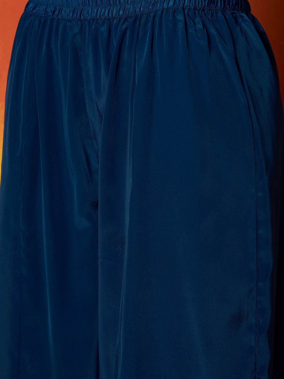 Teal Solid & Embroidered Silk Blend Straight Kurti Palazzo Dupatta Set