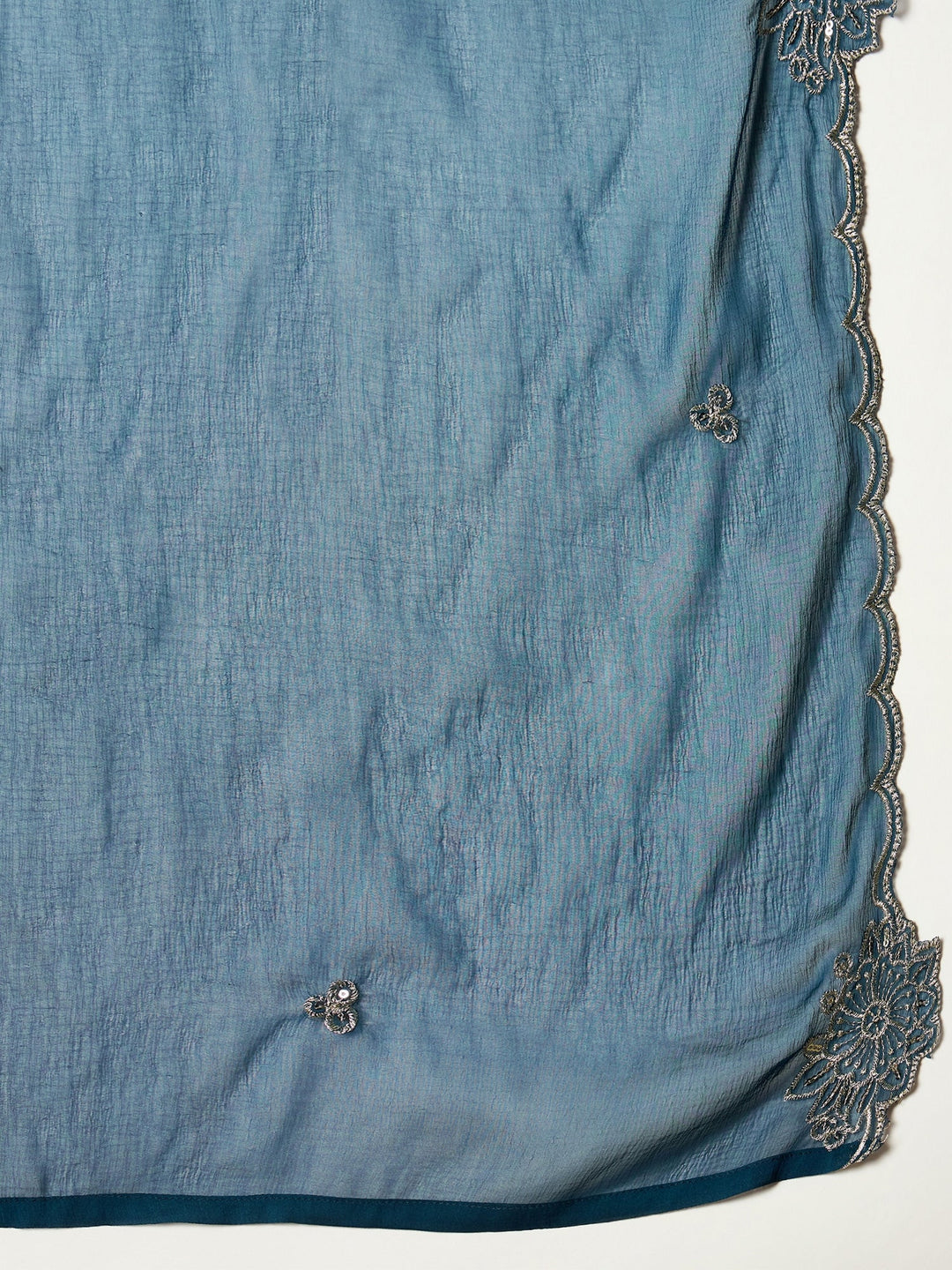 Teal Solid & Embroidered Silk Blend Straight Kurti Palazzo Dupatta Set