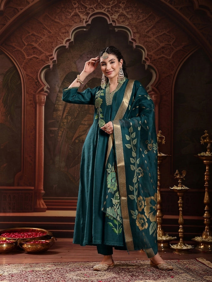 Teal Solid & Embroidered Roman Silk A-Line Kurta Pant With Dupatta