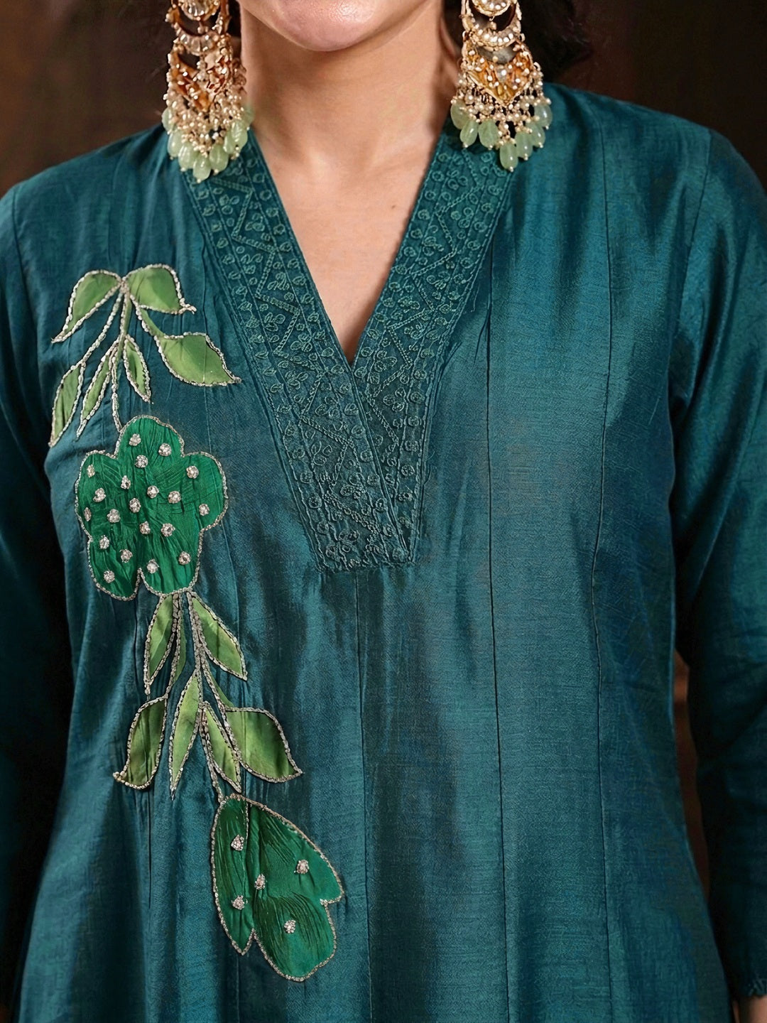 Teal Solid & Embroidered Roman Silk A-Line Kurta Pant With Dupatta