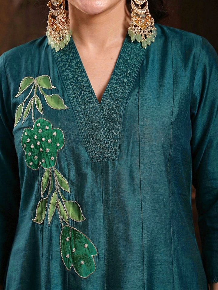 Teal Solid & Embroidered Roman Silk A-Line Kurta Pant With Dupatta