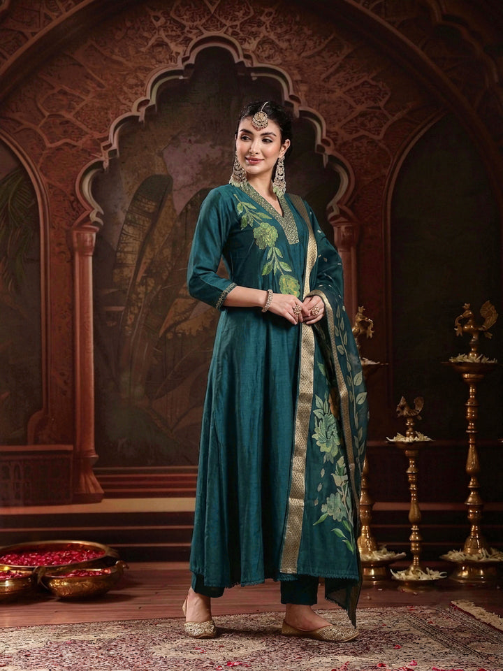 Teal Solid & Embroidered Roman Silk A-Line Kurta Pant With Dupatta