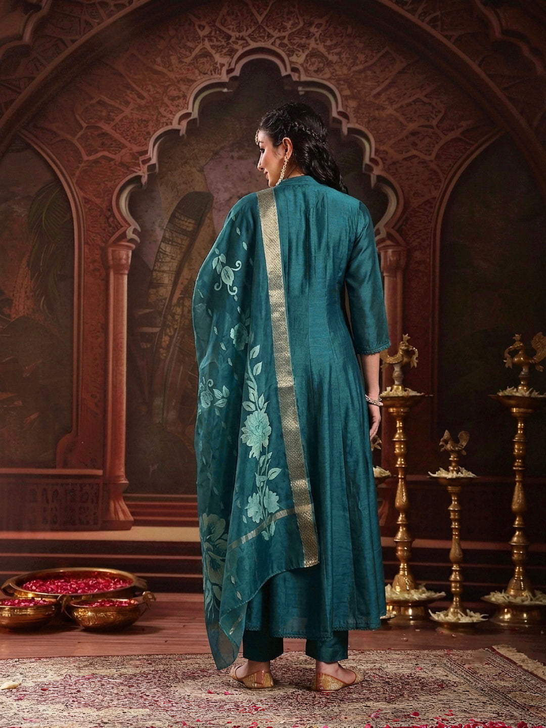 Teal Solid & Embroidered Roman Silk A-Line Kurta Pant With Dupatta