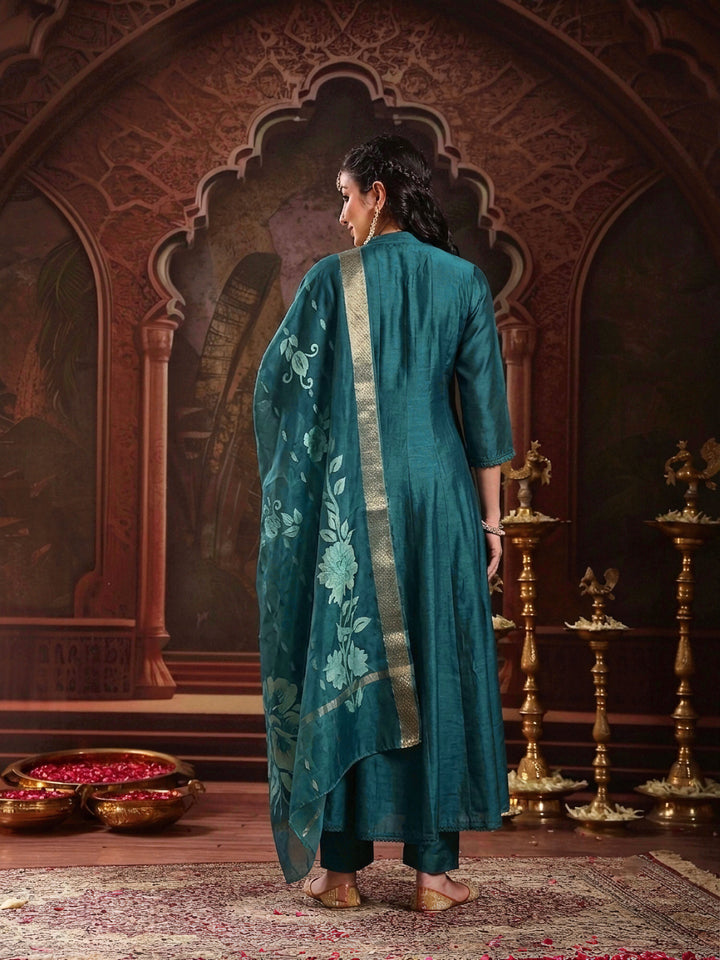 Teal Solid & Embroidered Roman Silk A-Line Kurta Pant With Dupatta