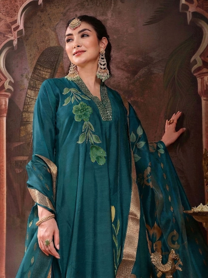 Teal Solid & Embroidered Roman Silk A-Line Kurta Pant With Dupatta
