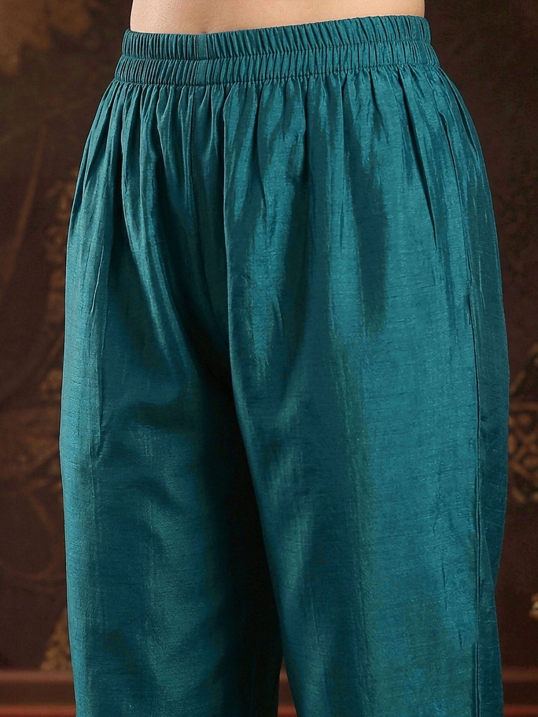 Teal Solid & Embroidered Roman Silk A-Line Kurta Pant With Dupatta