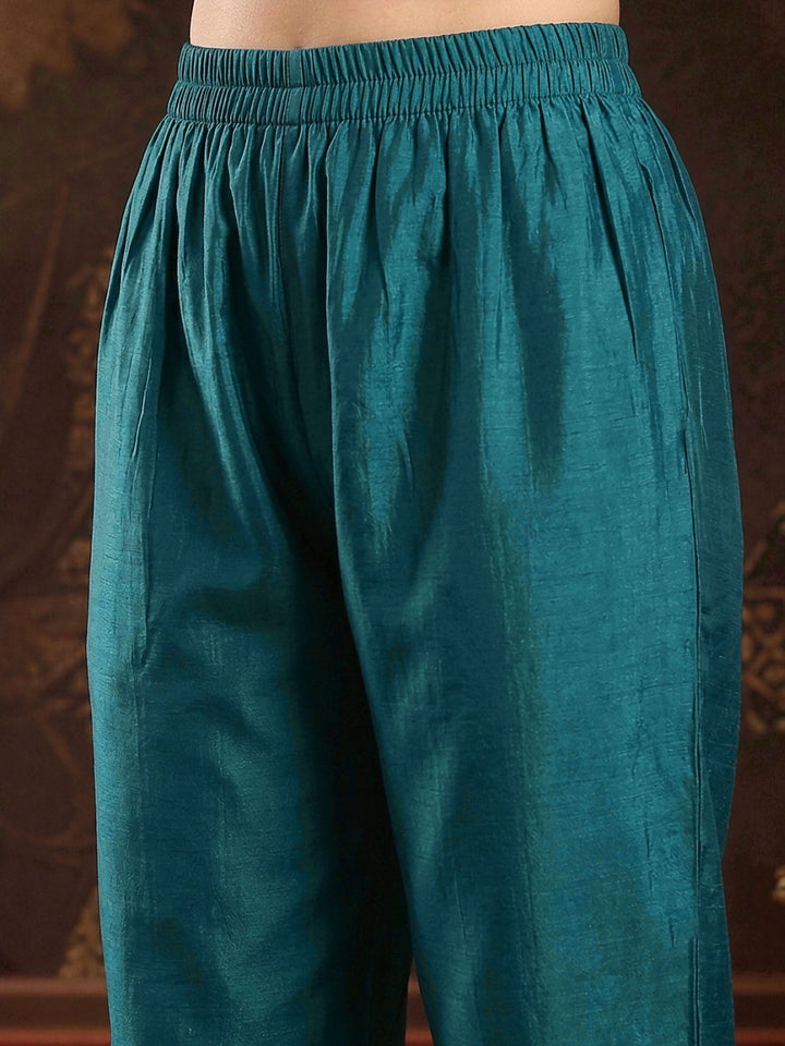 Teal Solid & Embroidered Roman Silk A-Line Kurta Pant With Dupatta