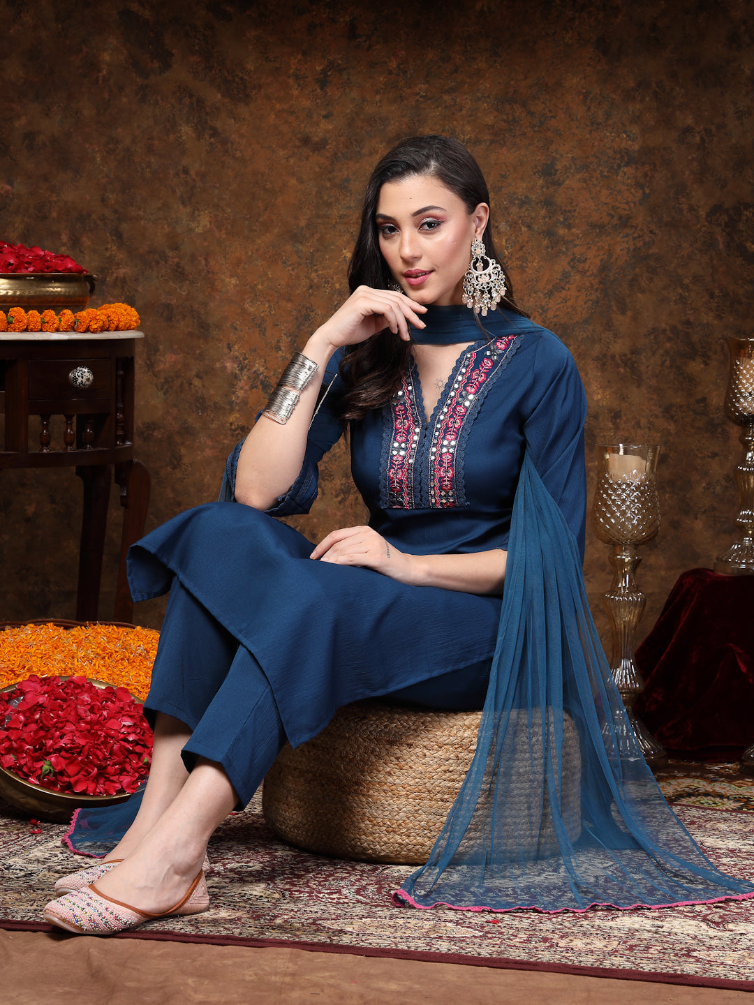 Teal-Blue-Crepe-Solid-Embroidered-3-Piece-Kurta-Set
