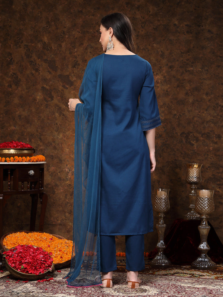 Teal-Blue-Crepe-Solid-Embroidered-3-Piece-Kurta-Set