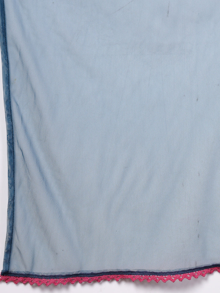 Teal Solid & Embroidered Italian Crush Straight Kurta Pant Dupatta Set