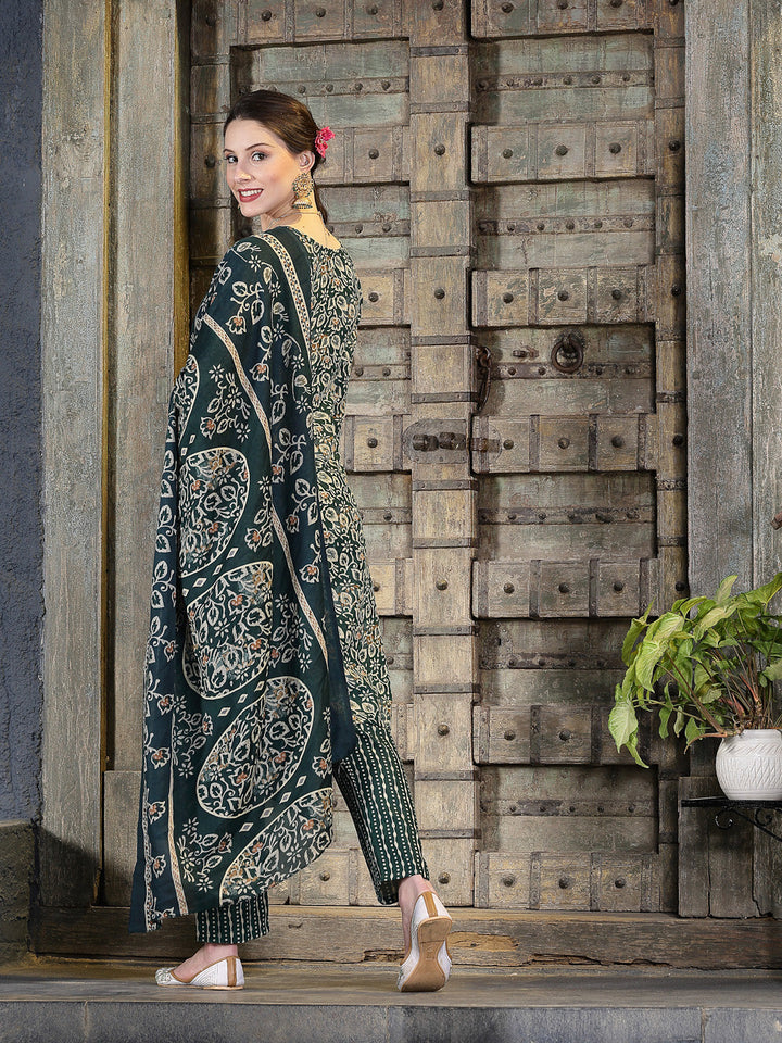 Dark-Green-Cotton-Floral-Printed-Straight-3-Piece-Kurta-Set