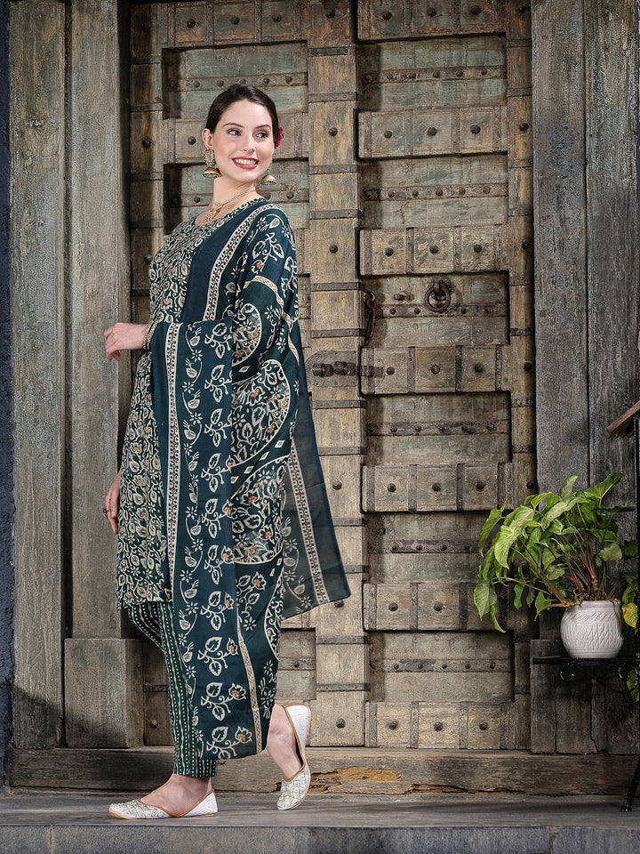 Dark-Green-Cotton-Floral-Printed-Straight-3-Piece-Kurta-Set