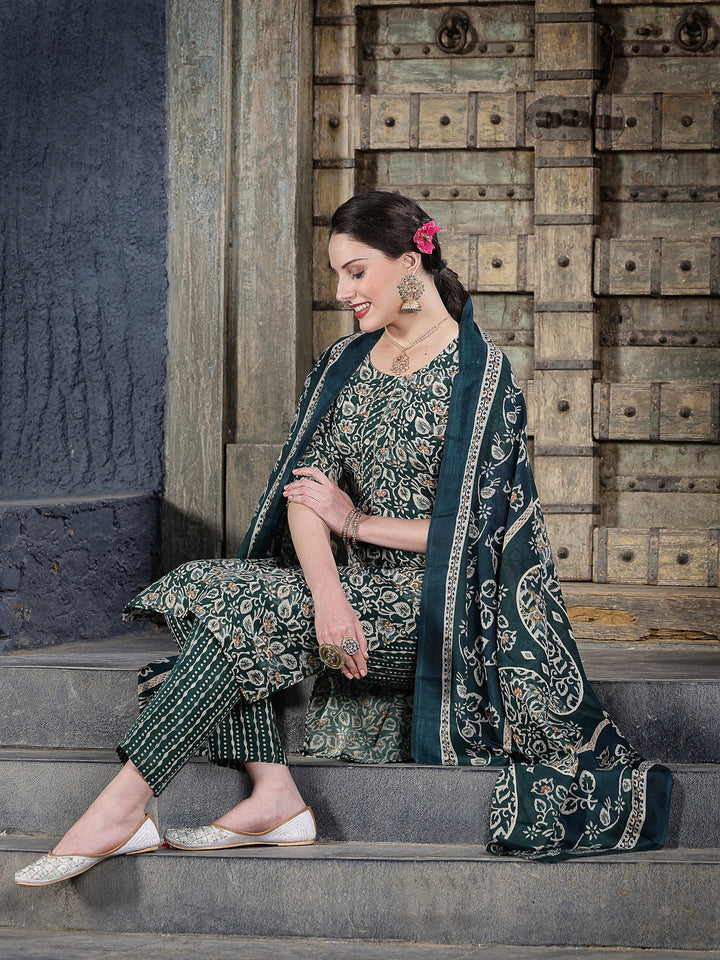 Dark-Green-Cotton-Floral-Printed-Straight-3-Piece-Kurta-Set