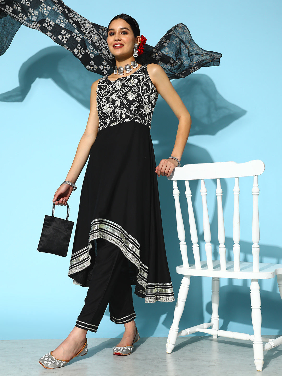 Black-Rayon-Embroidered-Asymmetrical-3-Piece-Kurta-Set