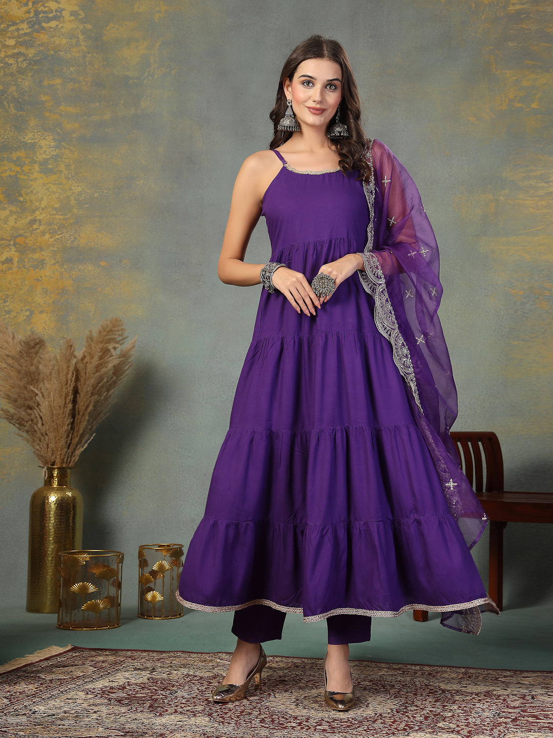 Violet-Rayon-Solid-Tiered-3-Piece-Kurta-Set