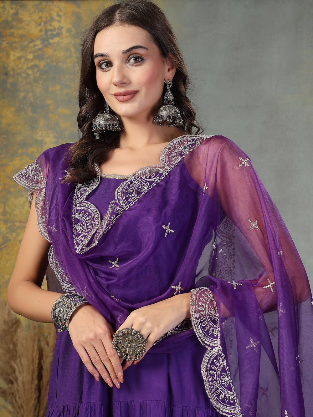 Violet-Rayon-Solid-Tiered-3-Piece-Kurta-Set