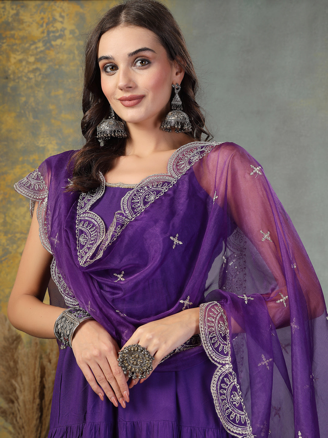 Violet-Rayon-Solid-Tiered-3-Piece-Kurta-Set