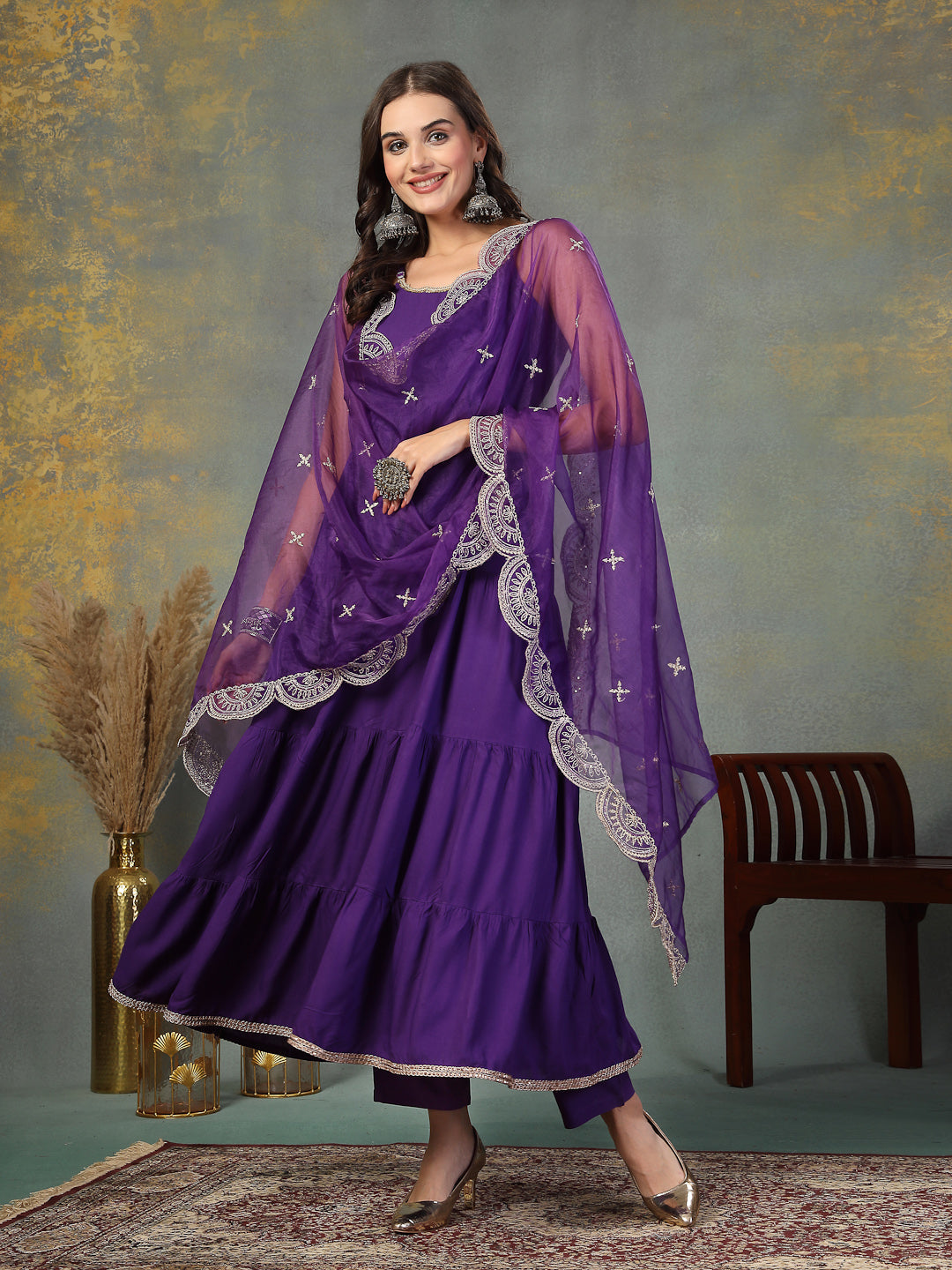 Violet-Rayon-Solid-Tiered-3-Piece-Kurta-Set