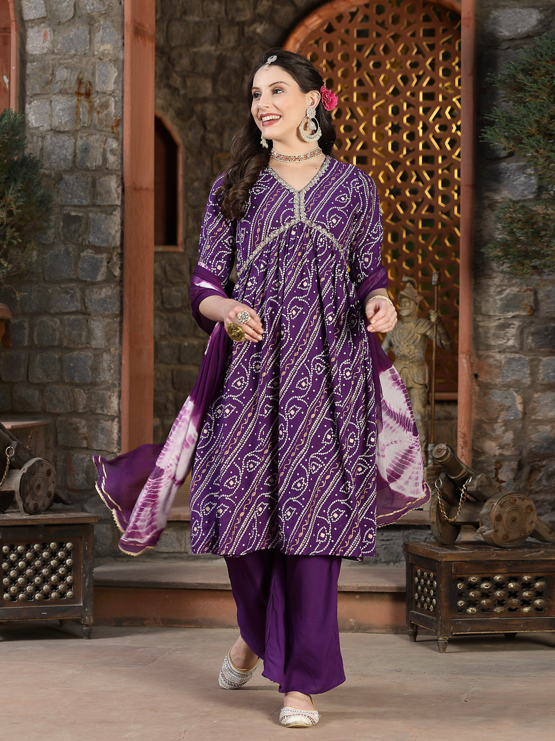 Red-Bandhej-Rayon-Naira-Cut-3-Piece-Kurta-Set