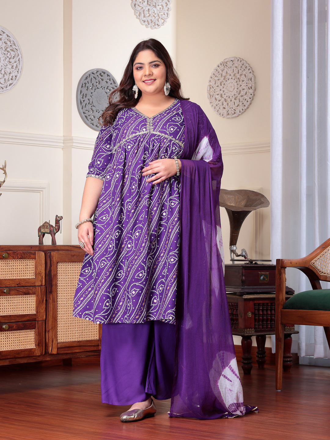 Violet-Rayon-Bandhej-Printed-3-Piece-Kurta-Set