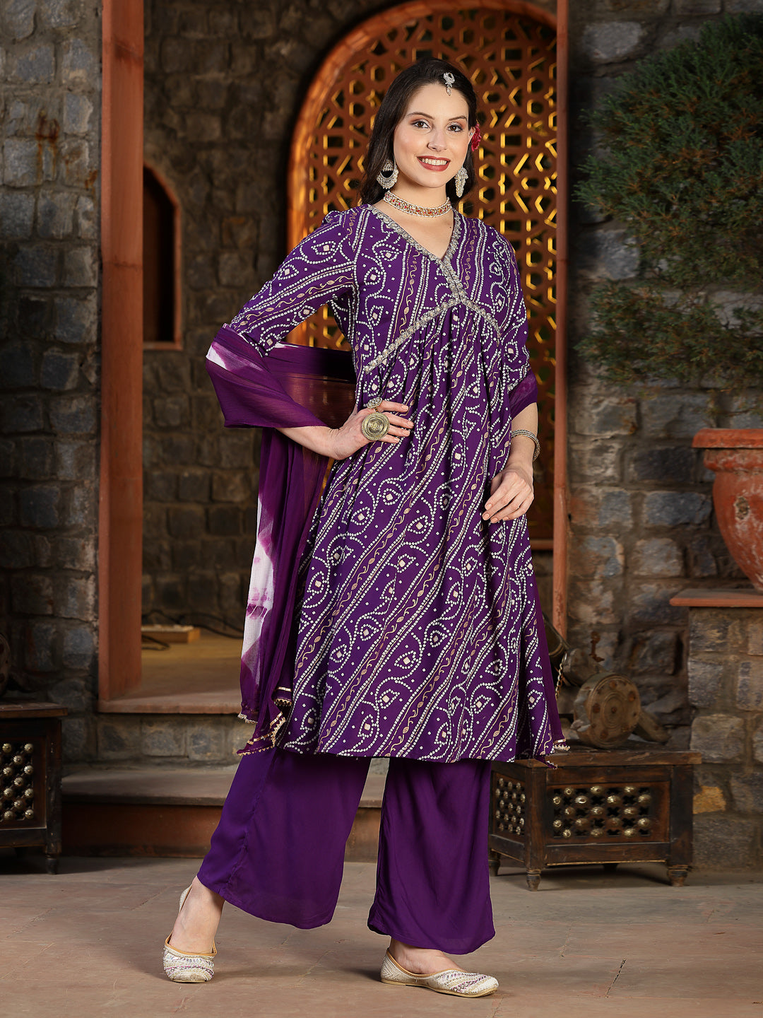 Red-Bandhej-Rayon-Naira-Cut-3-Piece-Kurta-Set